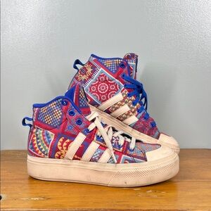 Adidas Women's Multicolor Patchwork High-Top Sneakers with Blue Trim
